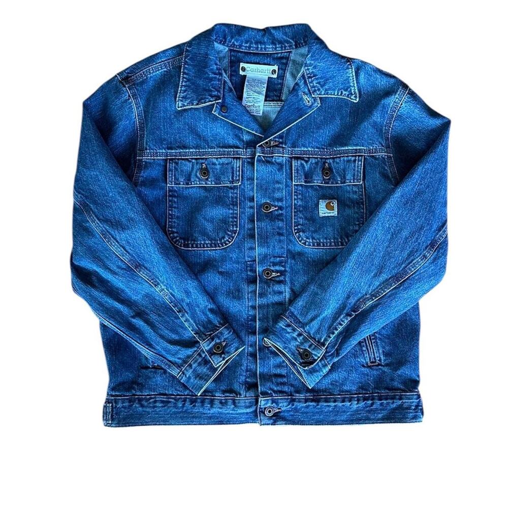 vintage carhartt button up jean jacket